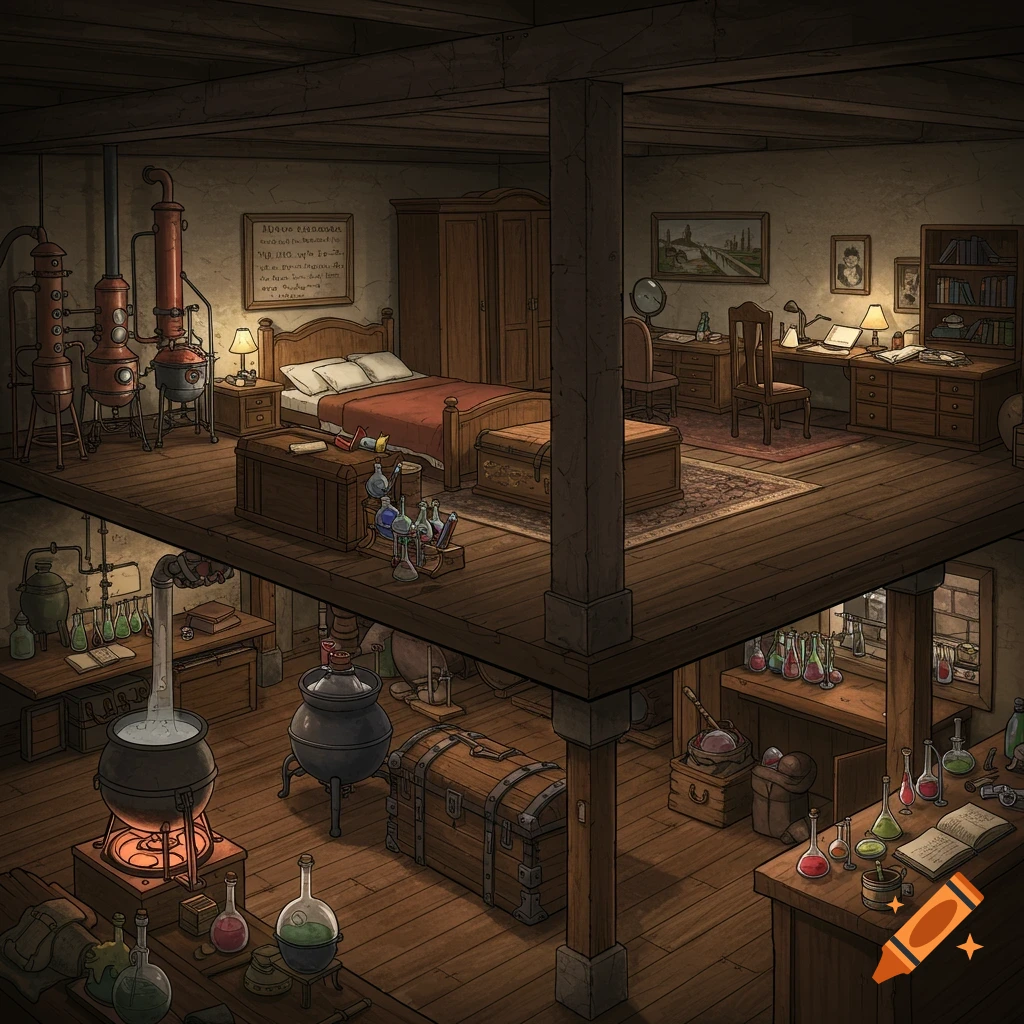 Bedroom above a basement laboratory