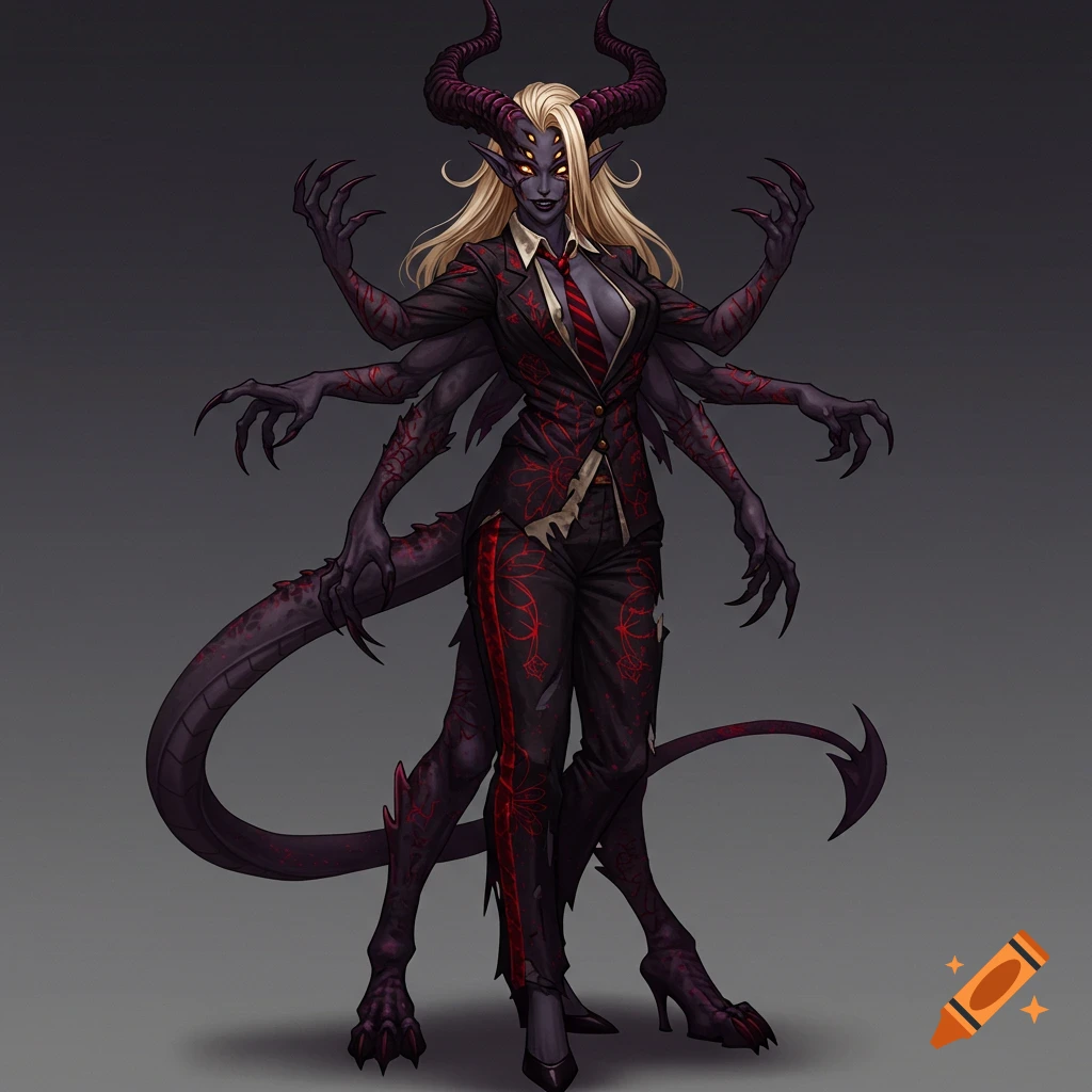 A fantasy creature woman in a ripped suit with multiple arms, horns, eyes, and a tail.