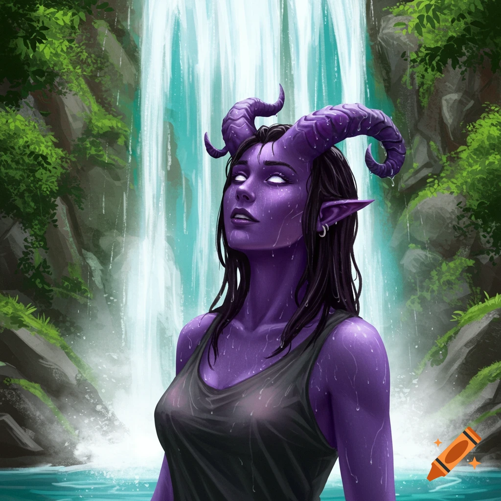 A purple-skinned female tiefling stands under a waterfall in a tank top.