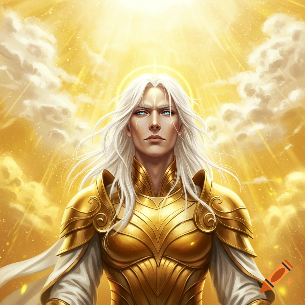 A hero with white hair, blue eyes, and gold armor against a heavenly golden sky.
