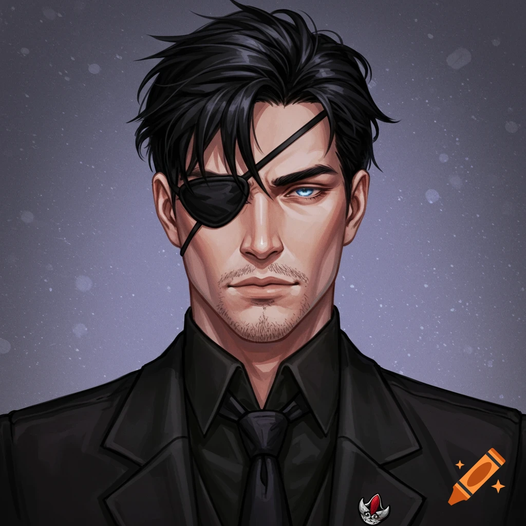 Portrait of a man with black hair, blue eyes, eyepatch, suit and tie.