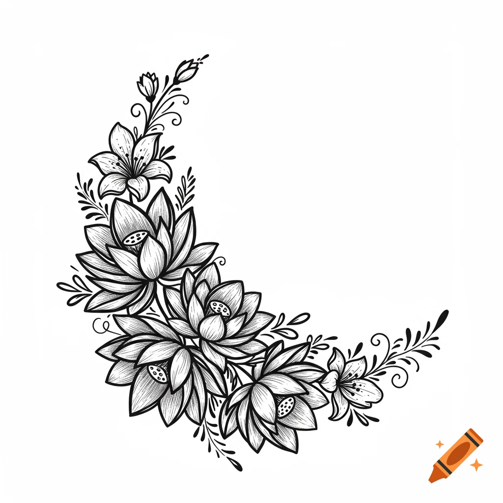 Black and white line art of lotus flowers, lilies, and vines arranged in a crescent shape, suitable for a tattoo.
