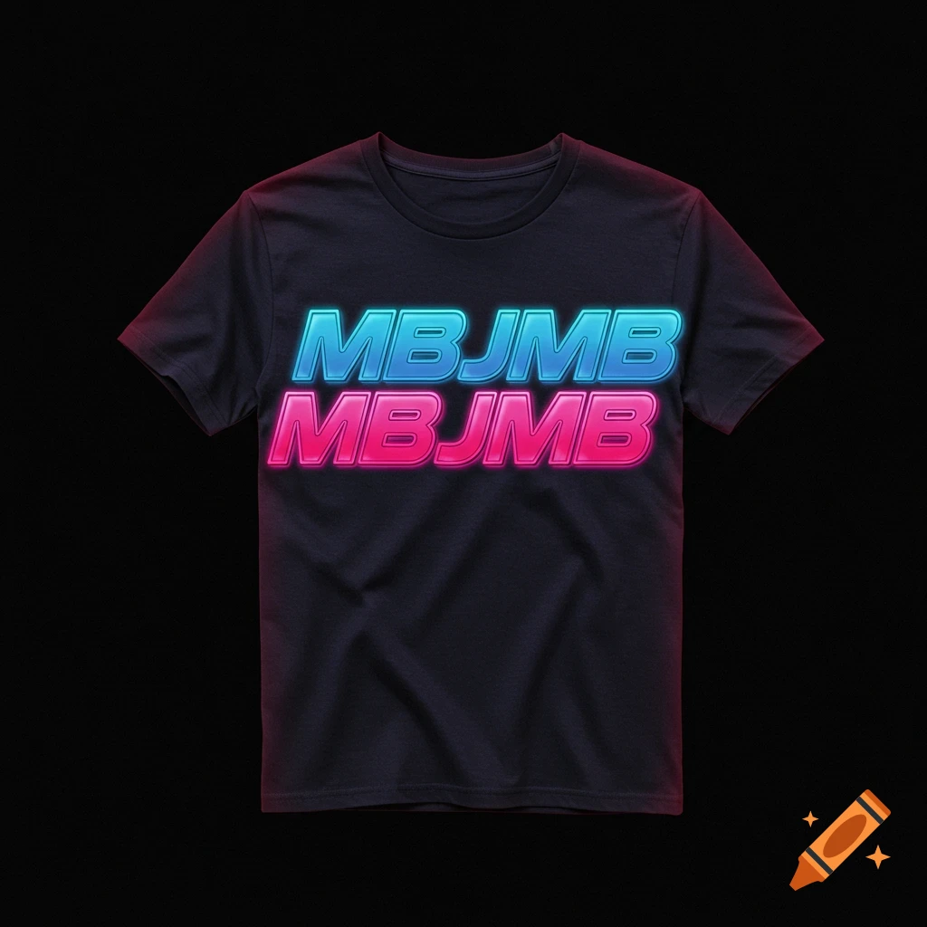 A black t-shirt with a blue and pink neon logo that says MBJMB MBJMB.