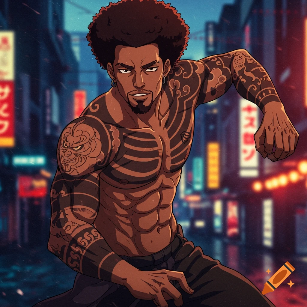 Anime drawing of a muscular Black man with tattoos in a city