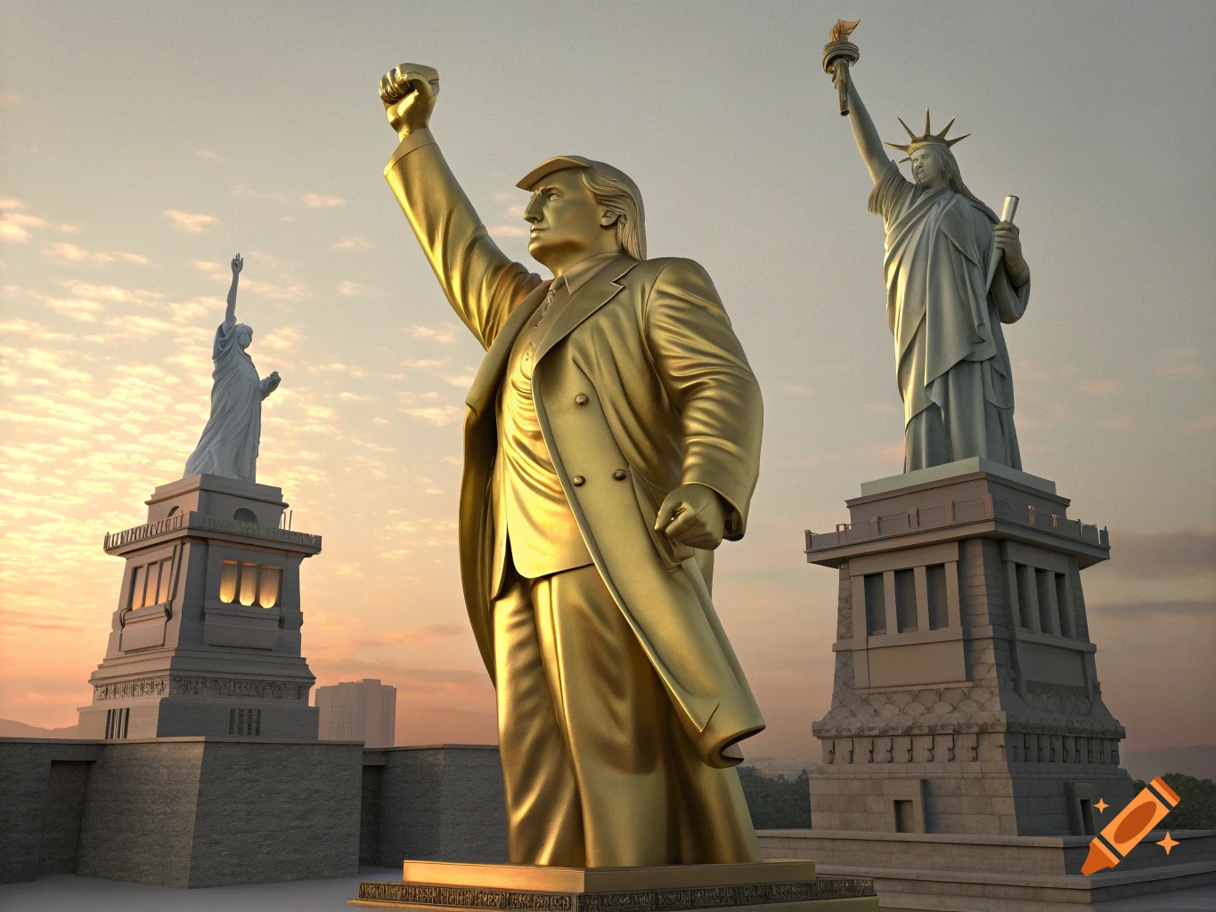 Giant golden statue of Trump raising fist next to Statue of Liberty statues at dawn