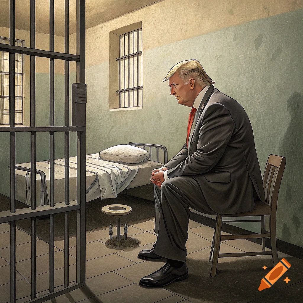 Illustrative portrait of Donald Trump sitting alone in a prison cell