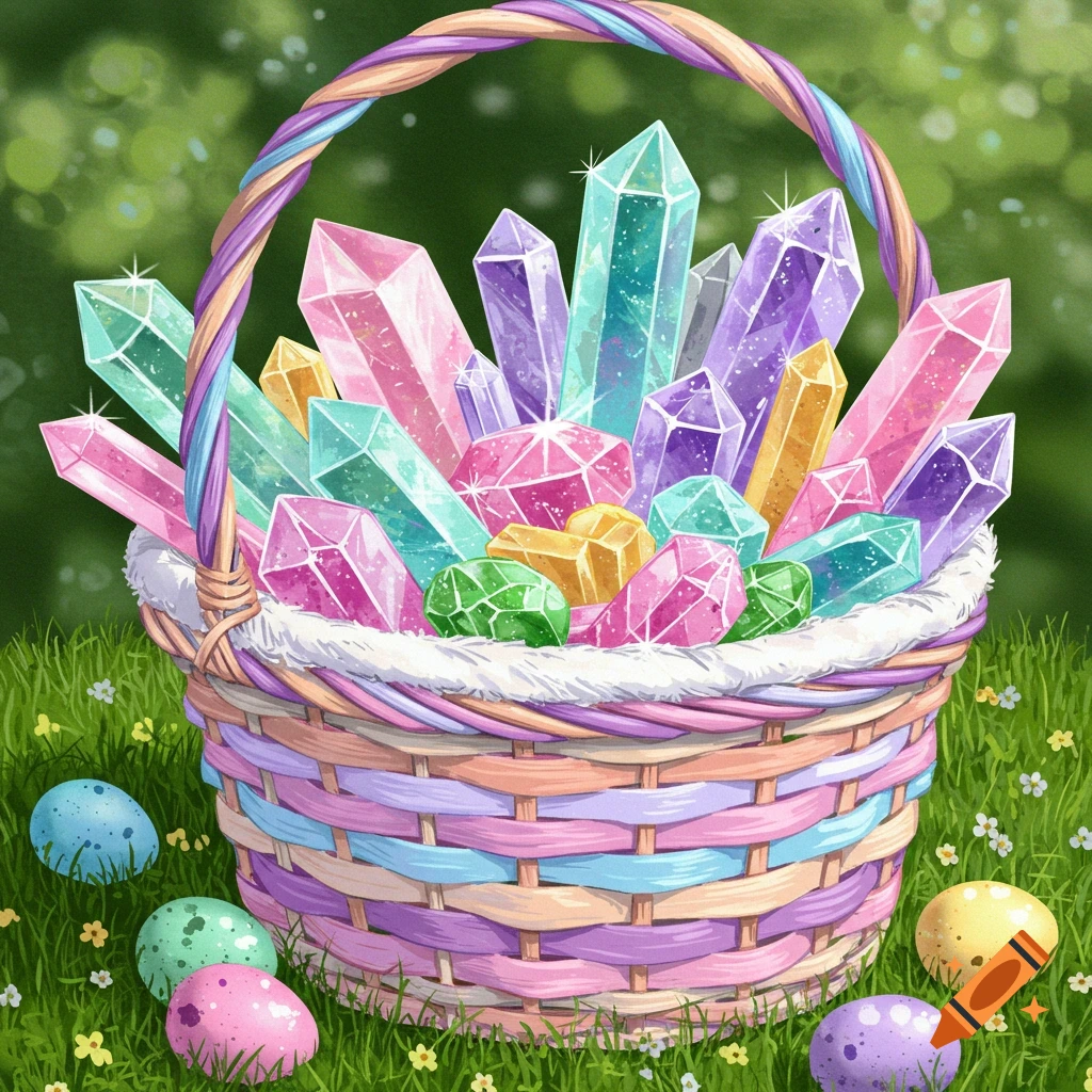 An Easter basket overflowing with colorful crystals and surrounded by Easter eggs in the grass.