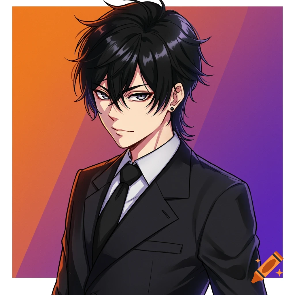 Anime style portrait of a young man in a suit against an orange and purple background.