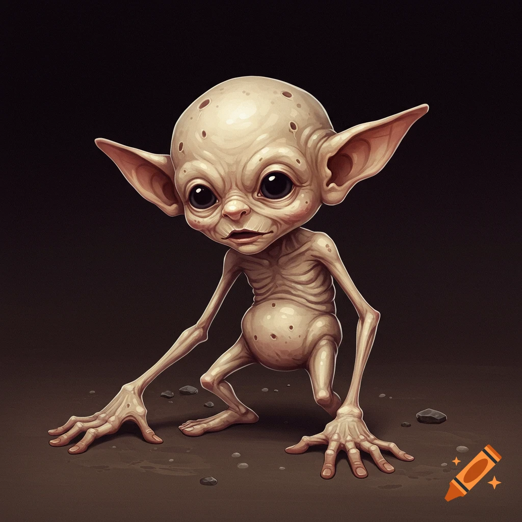 A small, creepy creature with large ears and eyes, long limbs, and spotted skin, crouching on dark ground.