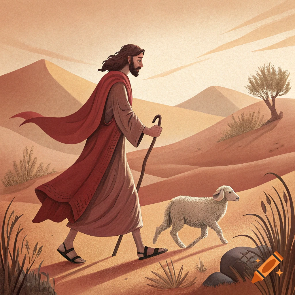 Illustration of a robed figure with a staff walking with a lamb through a muted desert landscape.