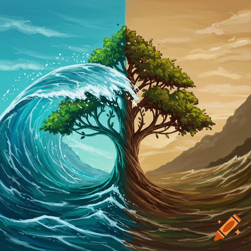 a tree transforming into a curling ocean wave
