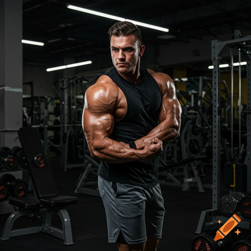 Muscular bodybuilder flexing in a gym