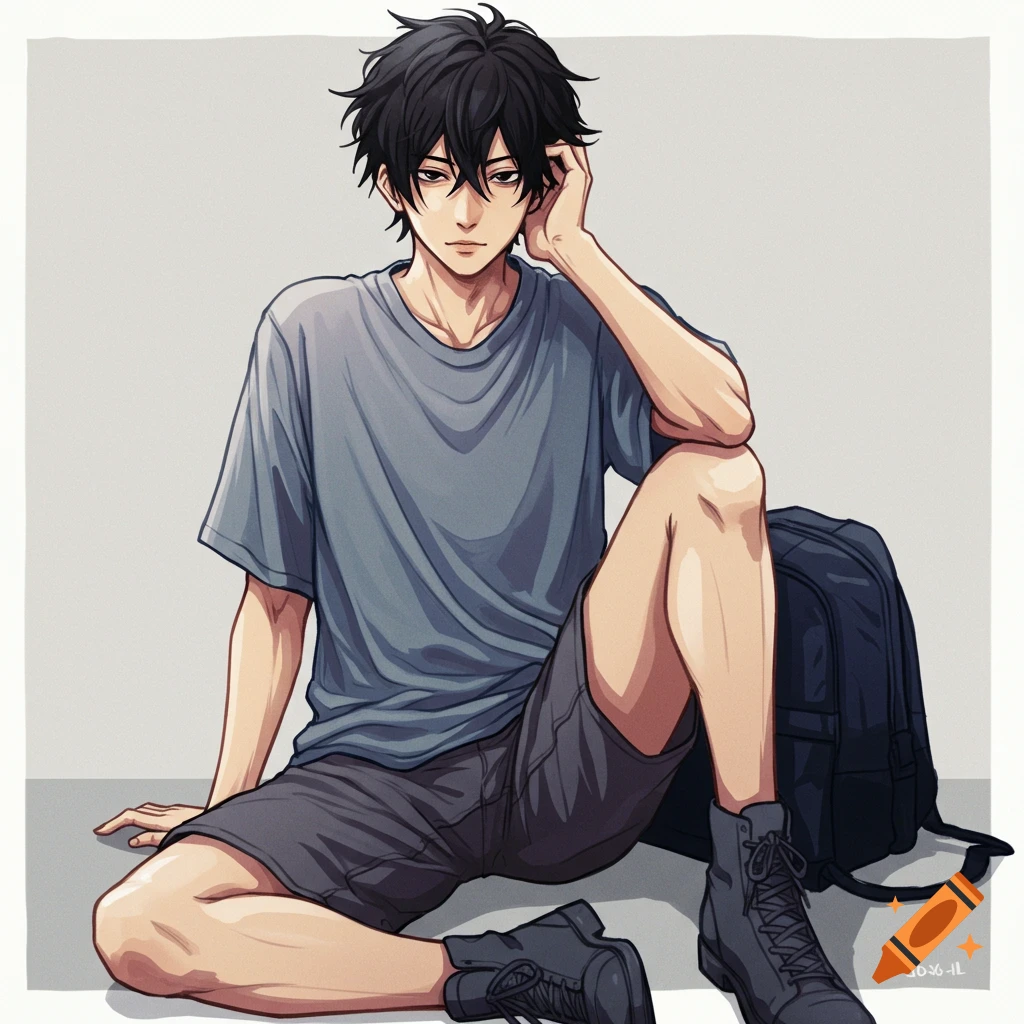 A young man is sitting, wearing a grey t-shirt and black shorts, with a backpack.