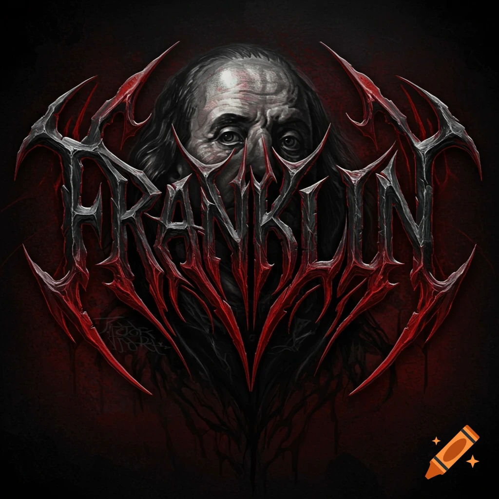 Benjamin Franklin's face surrounded by the word FRANKLIN in a death metal style font, dark red and grey colors.