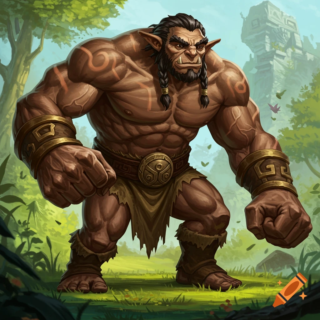 A muscular fantasy creature stands in a forest.