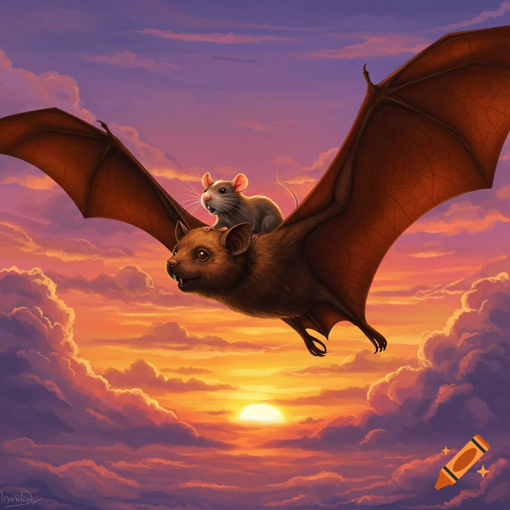 Illustration of a brown bat flying against a starry night sky. on Craiyon