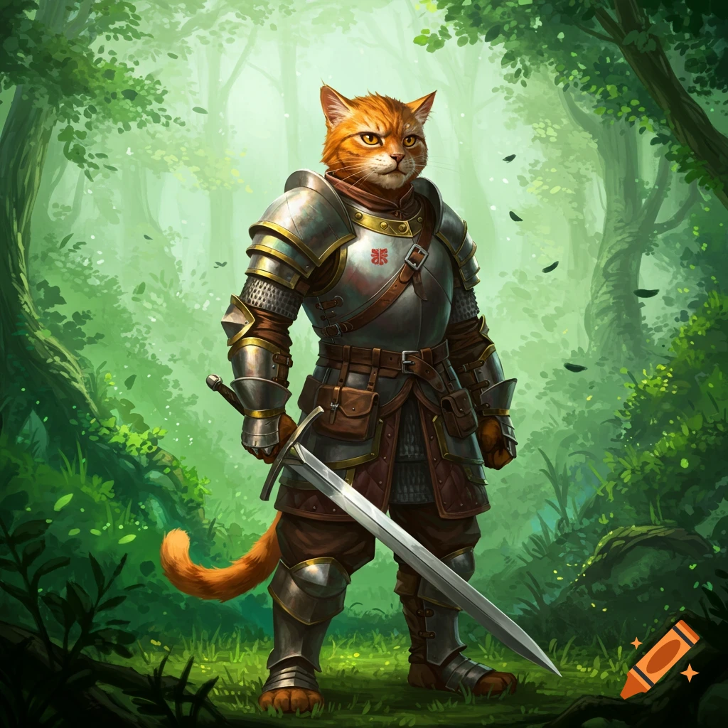 A cat in knight armor stands in a forest holding a sword.
