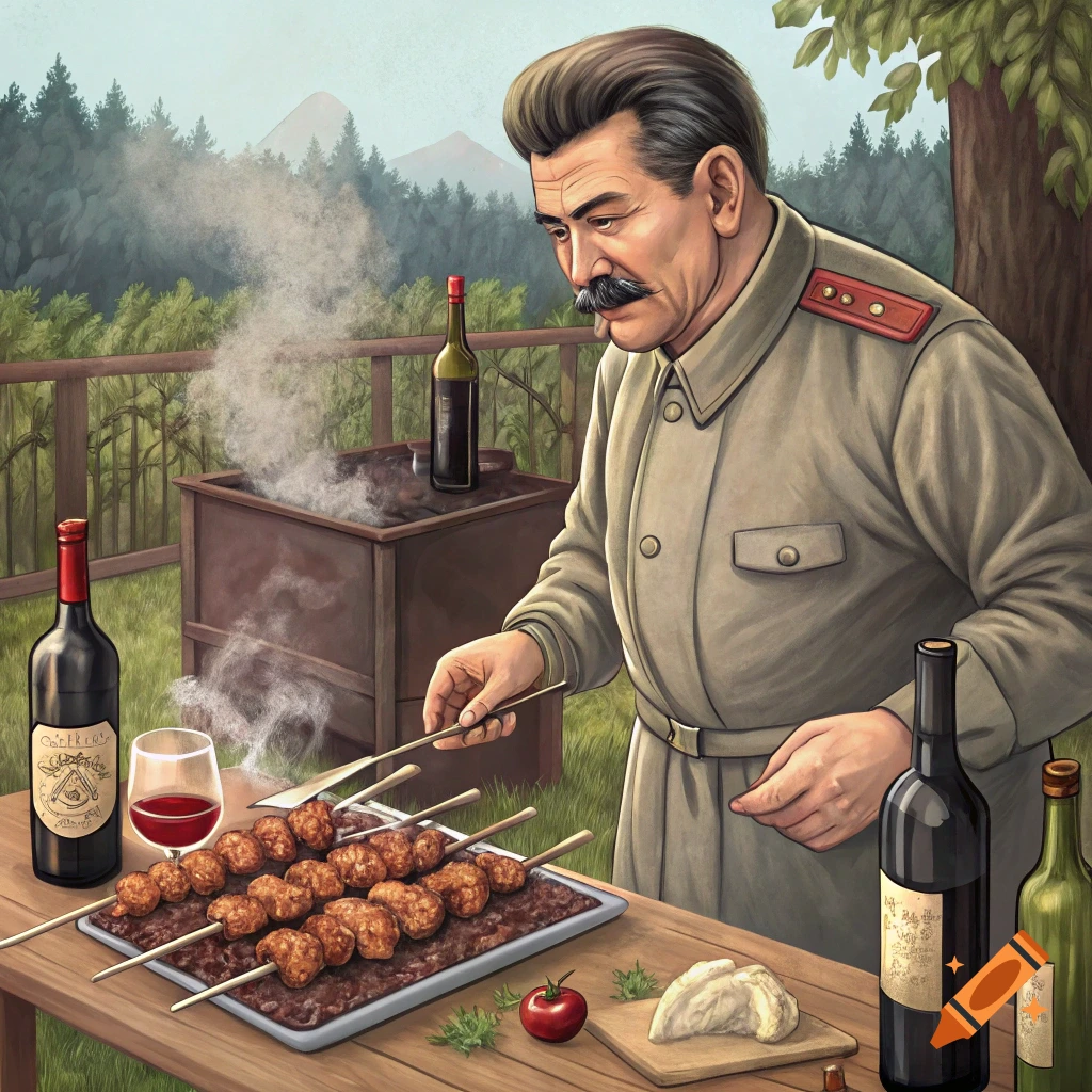 Joseph Stalin grilling shashlik outdoors with bottles of wine