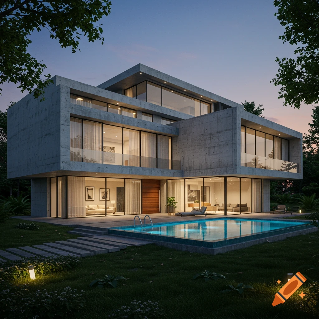Modern concrete and glass house with a pool at dusk