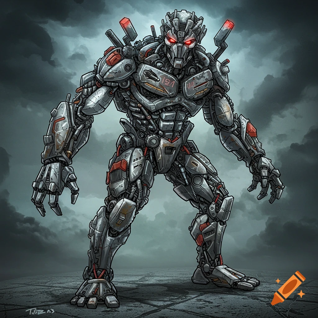A detailed metal robot supervillain stands against a dark, cloudy sky.