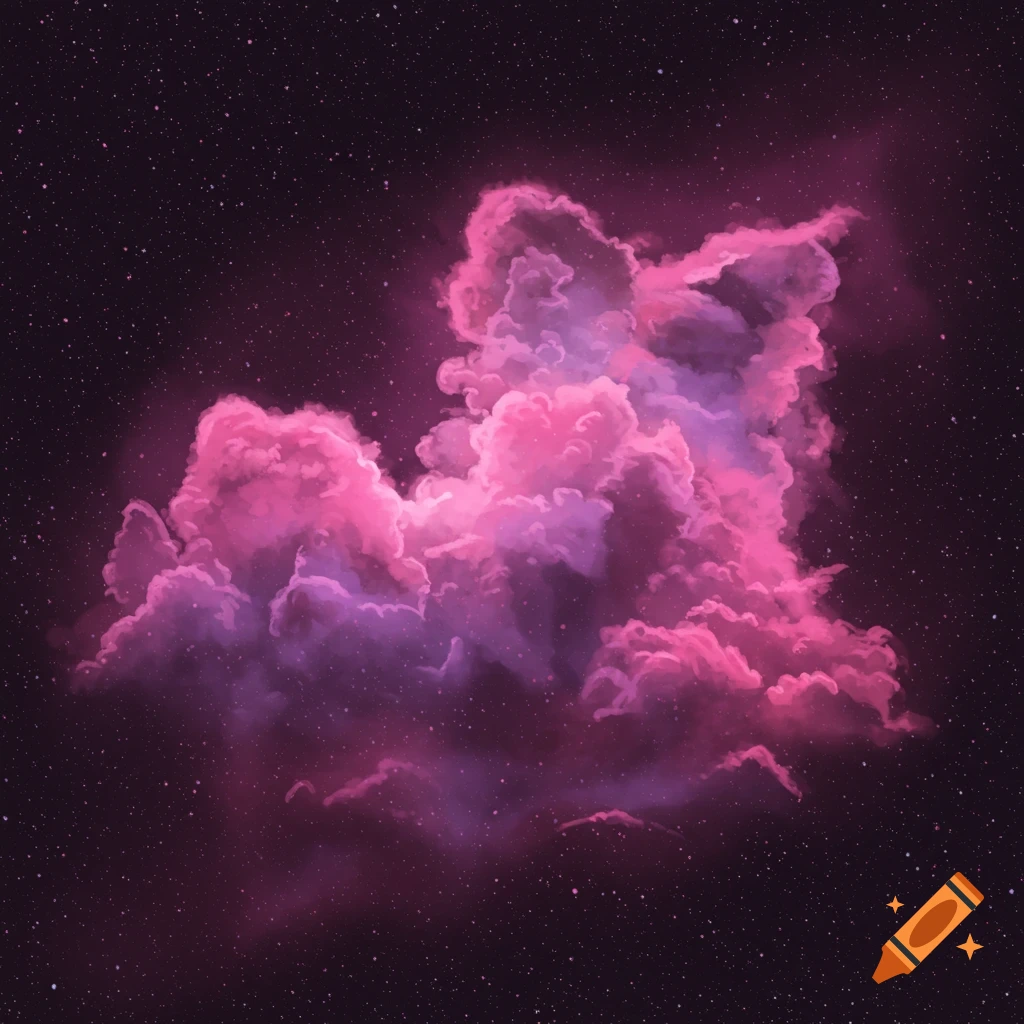A pink and purple nebula cloud against a starry dark sky.