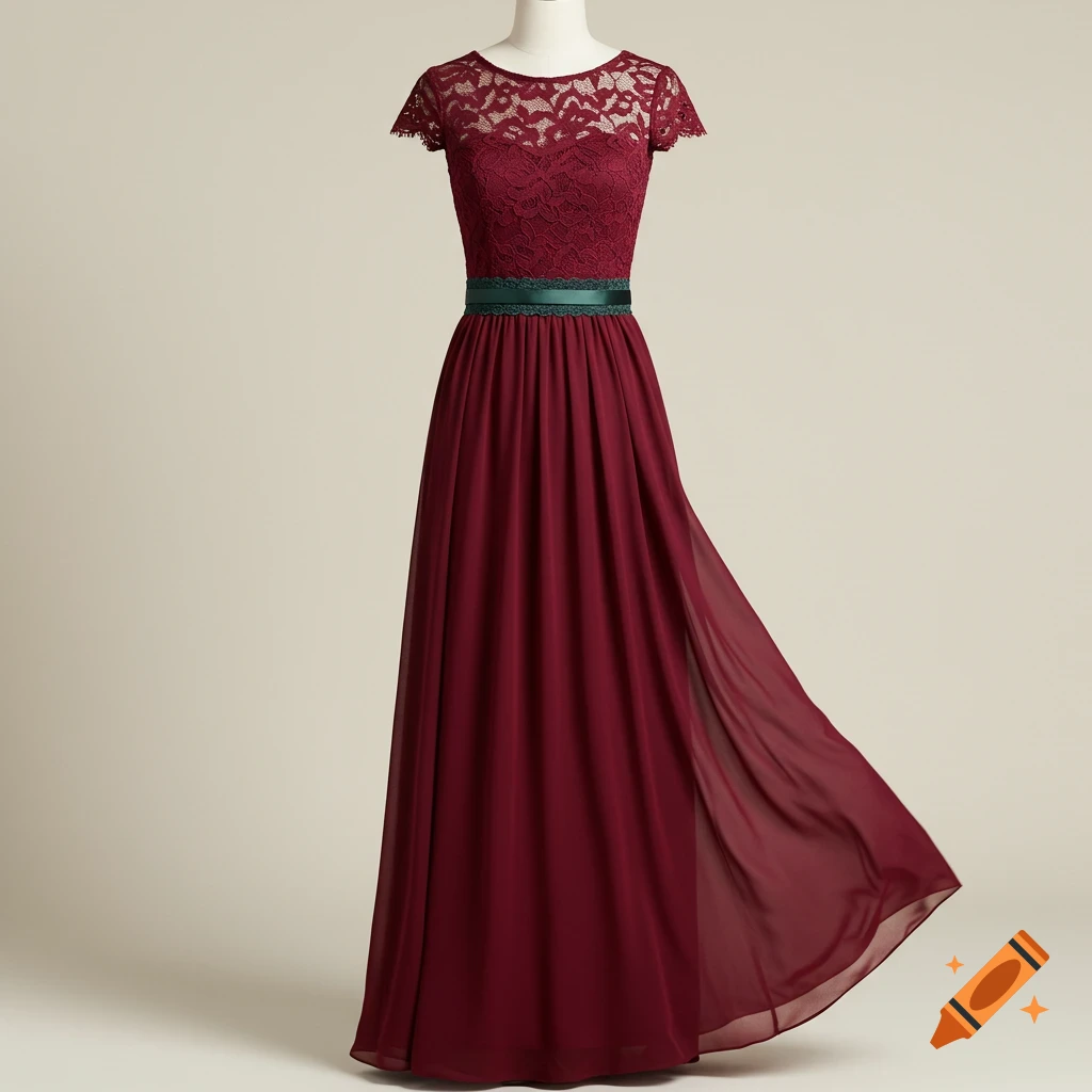 Dark red bridesmaid dress with lace top, green belt, and chiffon skirt on a mannequin.