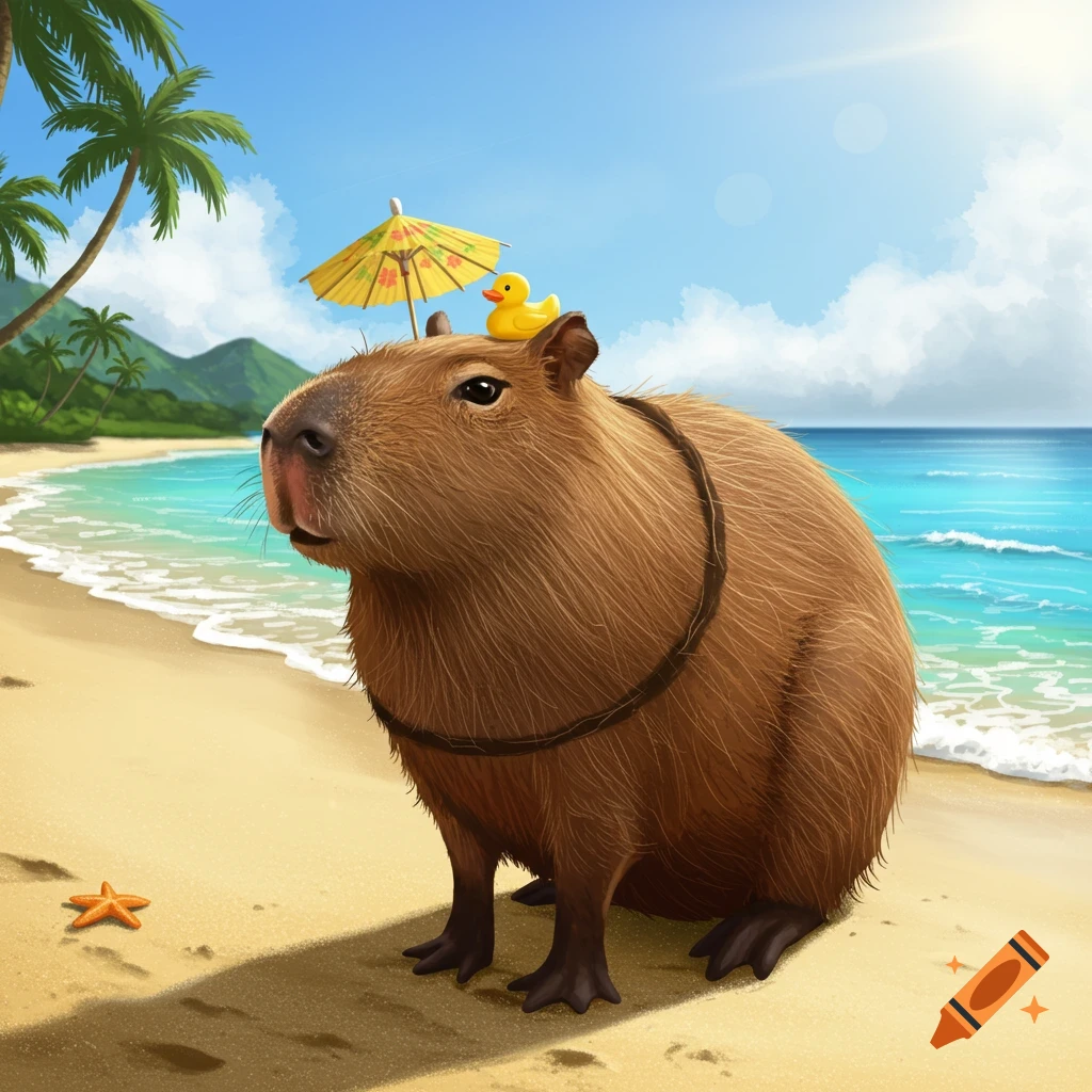 A capybara sits on a sunny beach with a mini umbrella and rubber duck on its head, palm trees behind it.