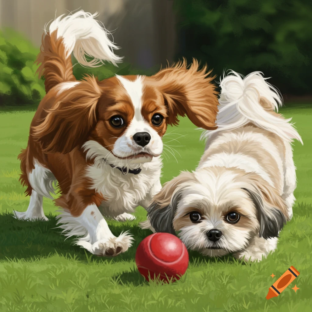 Two puppies playing with a red ball on grass.