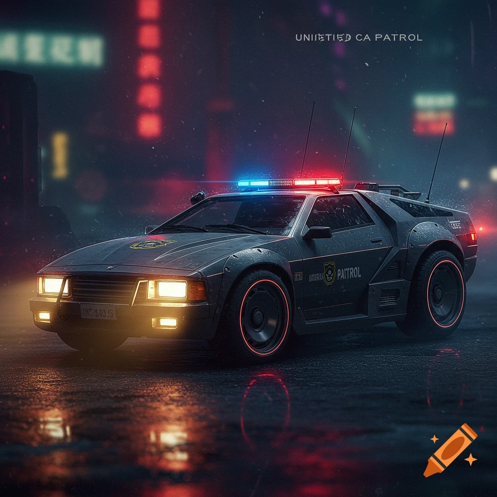 A futuristic cyberpunk patrol car with flashing lights on a rainy street at night.