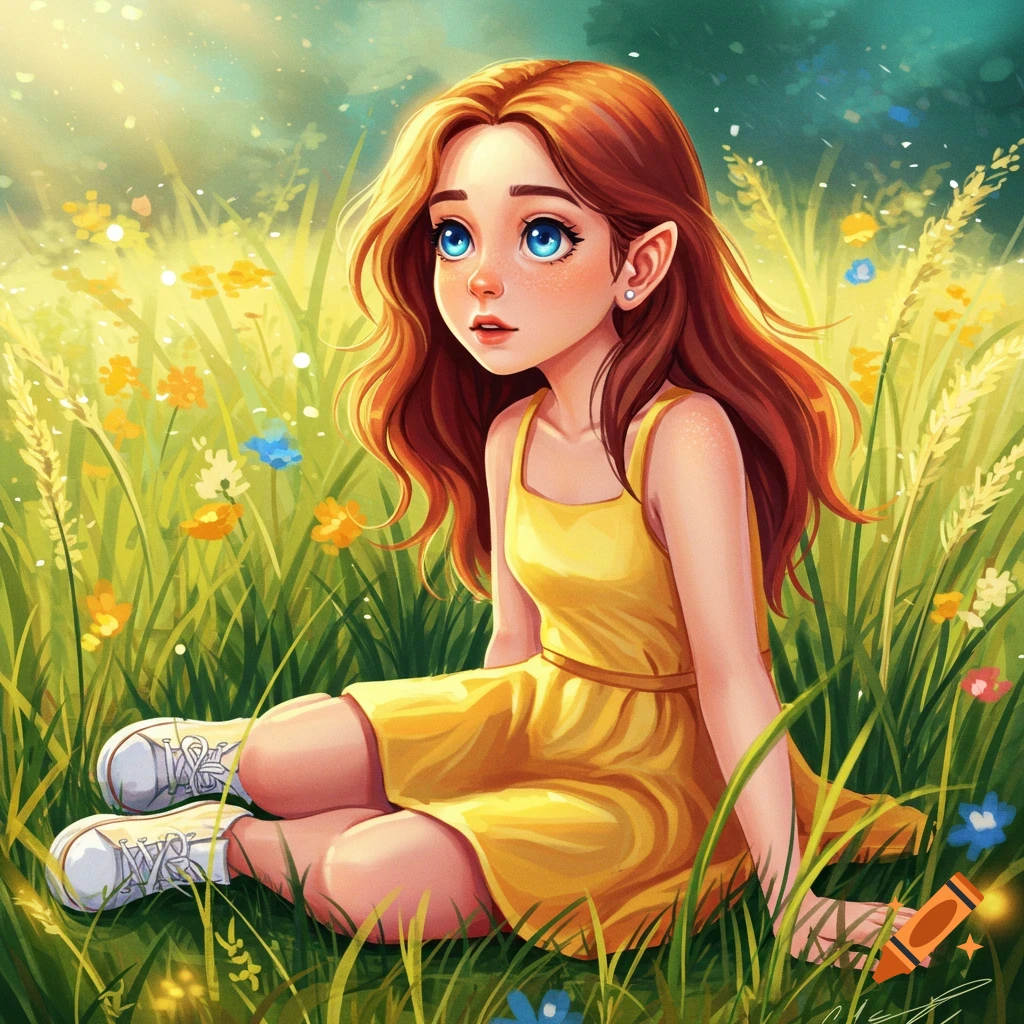 A cute girl with pointed ears sits in a sunny field.