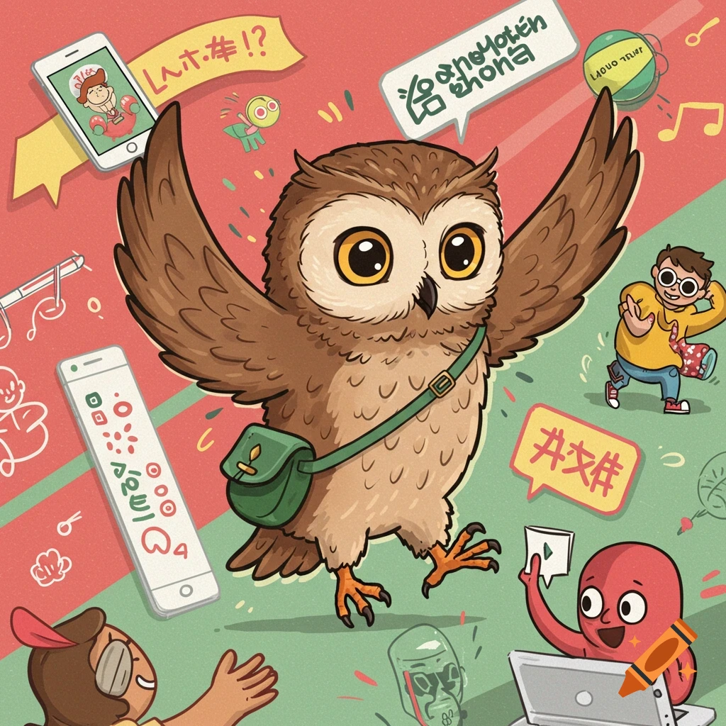 Colorful cartoon illustration of an owl with a satchel, surrounded by phones, people, music notes, symbols, and speech bubbles.