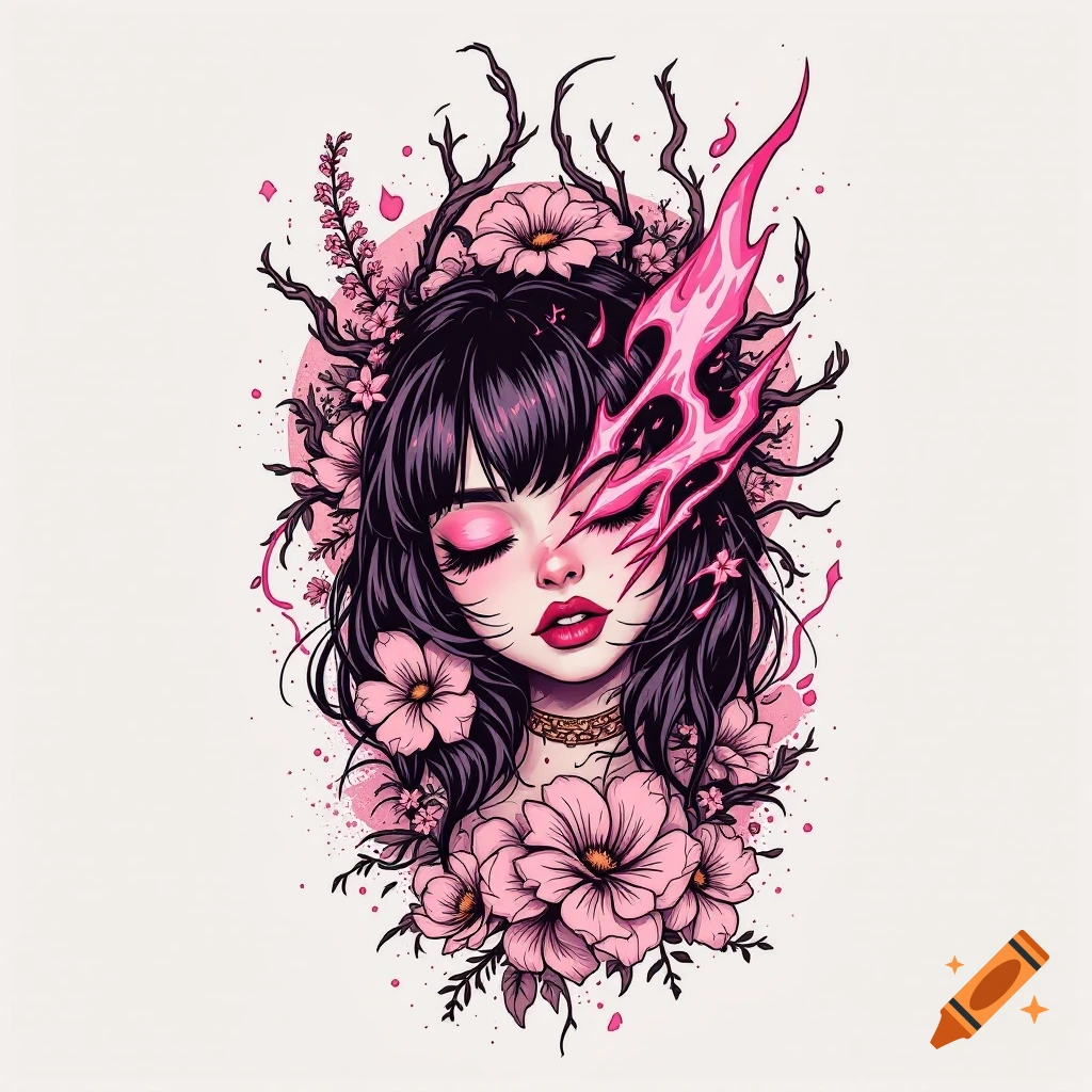 Stylized portrait of a woman with flowers, branches, and a pink flame covering one eye, in a vector graphic tattoo design style.