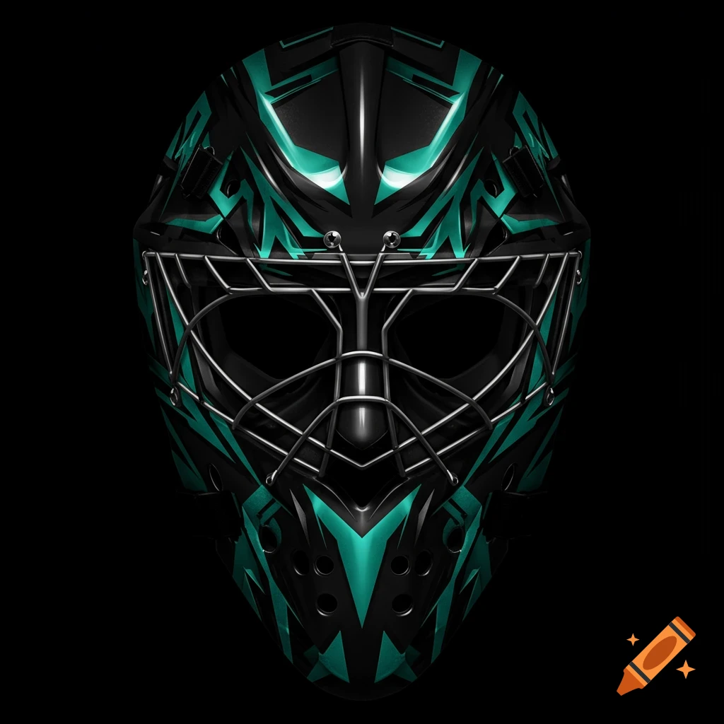 A stylized black and teal goalie mask with a sharp, edgy design against a black background.