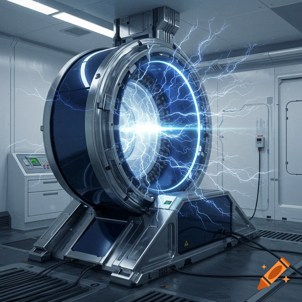 A sci-fi teleporter machine emitting blue energy in a lab.