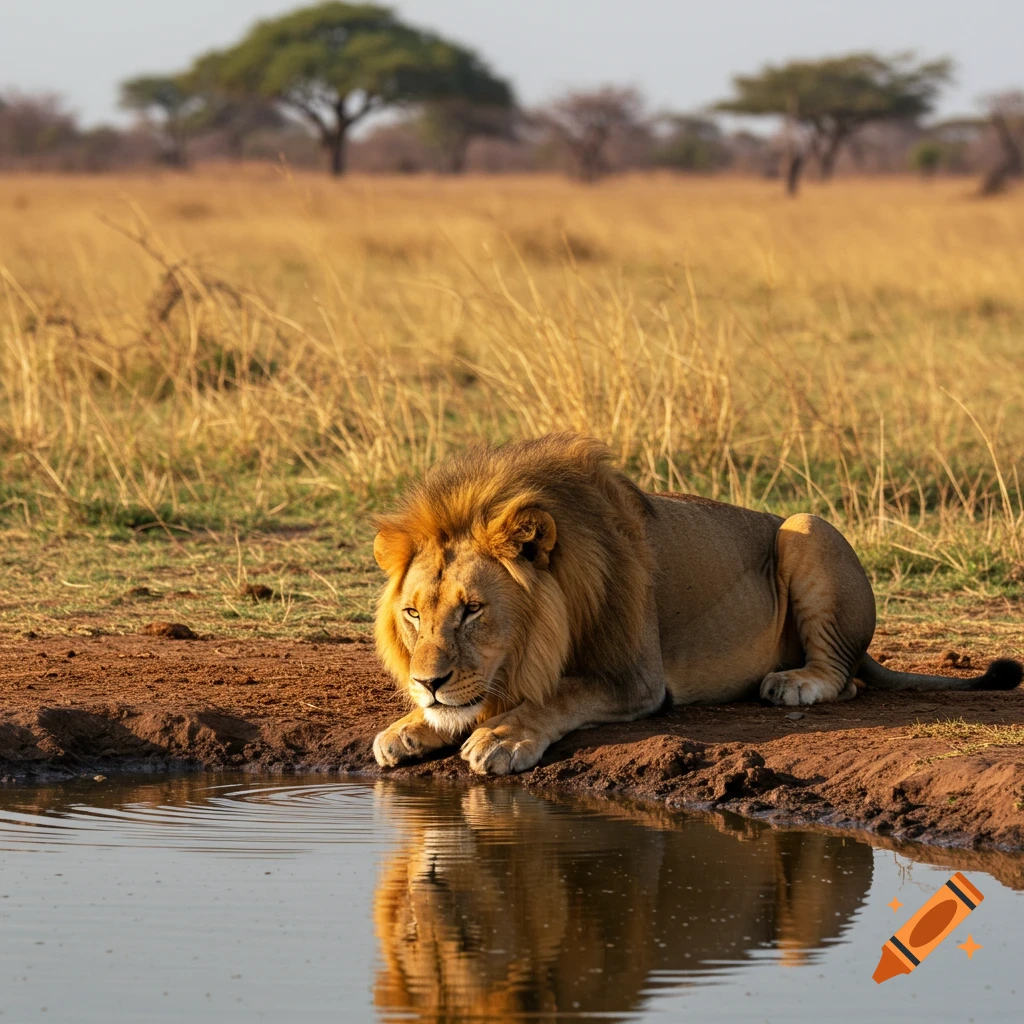 Photorealistic image of a male lion lying down and drinking water from a pool in a savanna.