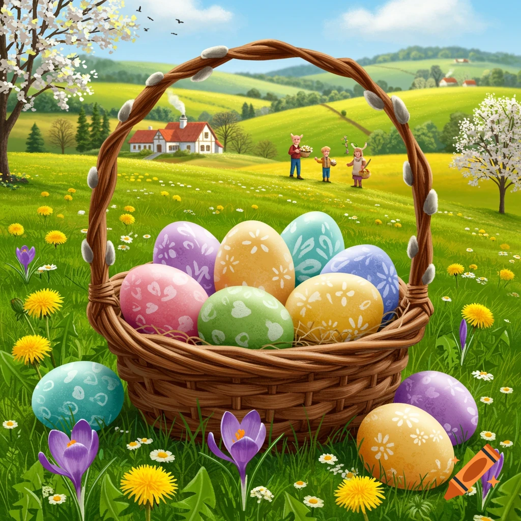 A basket filled with pastel decorated Easter eggs in a sunny field with flowers, figures, and a farmhouse.