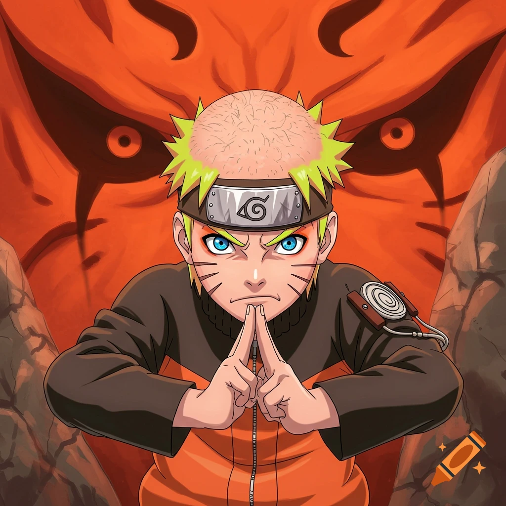 Naruto with male pattern baldness doing hand signs, with the Nine-Tailed Fox behind him.