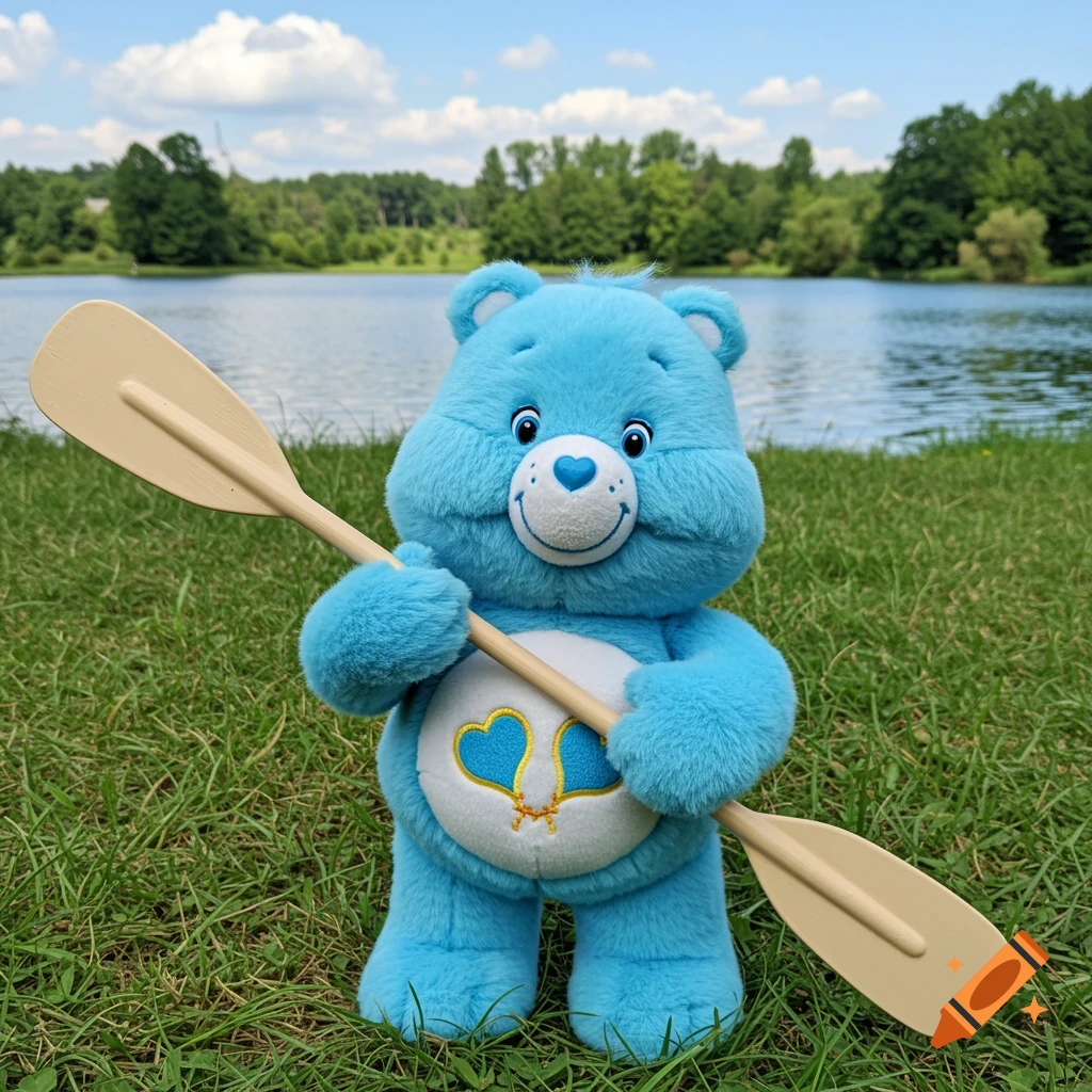 A blue Care Bear stuffed animal holds a paddle while standing on grassy lake shore.