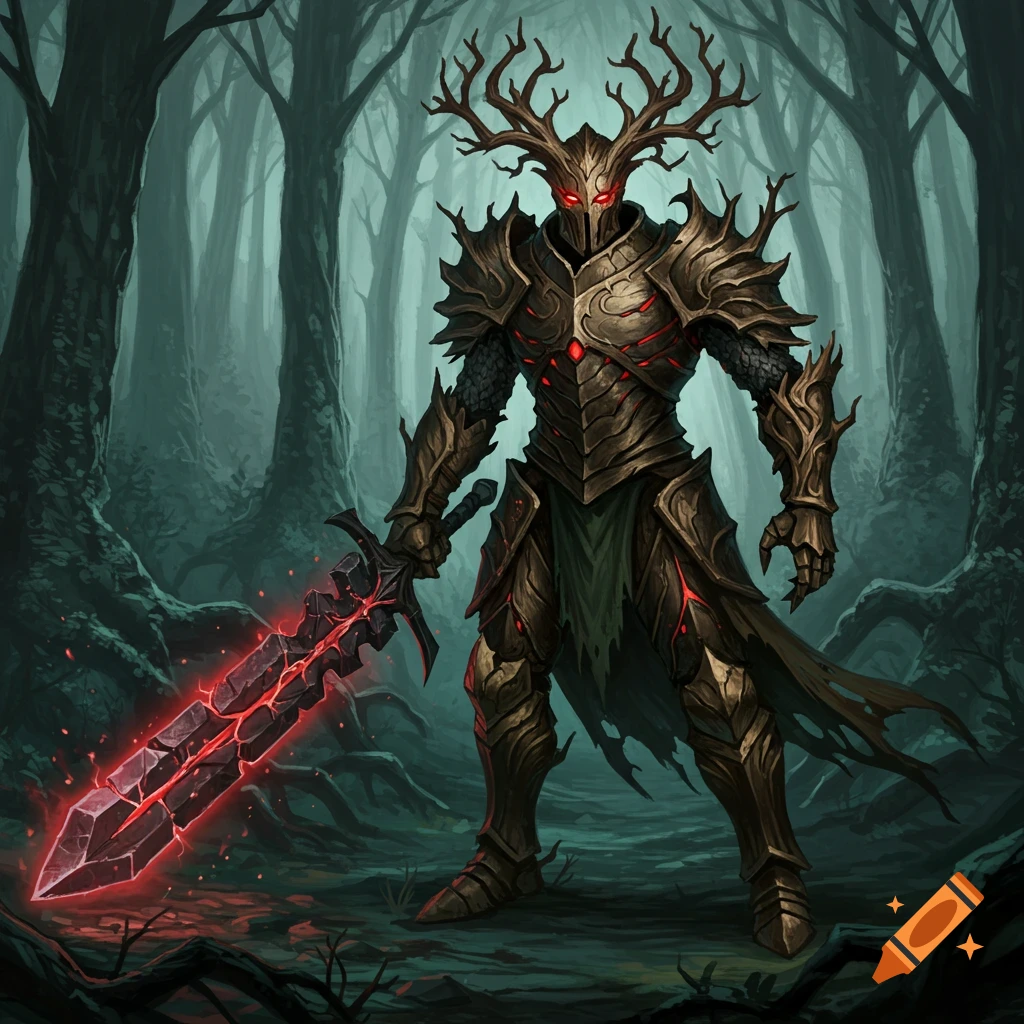 Fantasy warrior with antler helmet and glowing red sword in a dark forest.