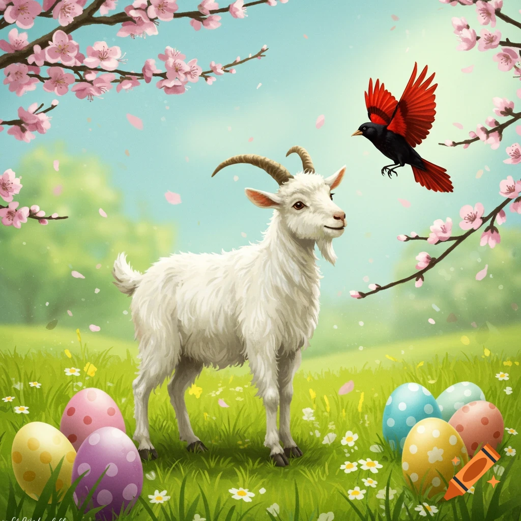 A white goat and red-winged blackbird in a spring field with Easter eggs.