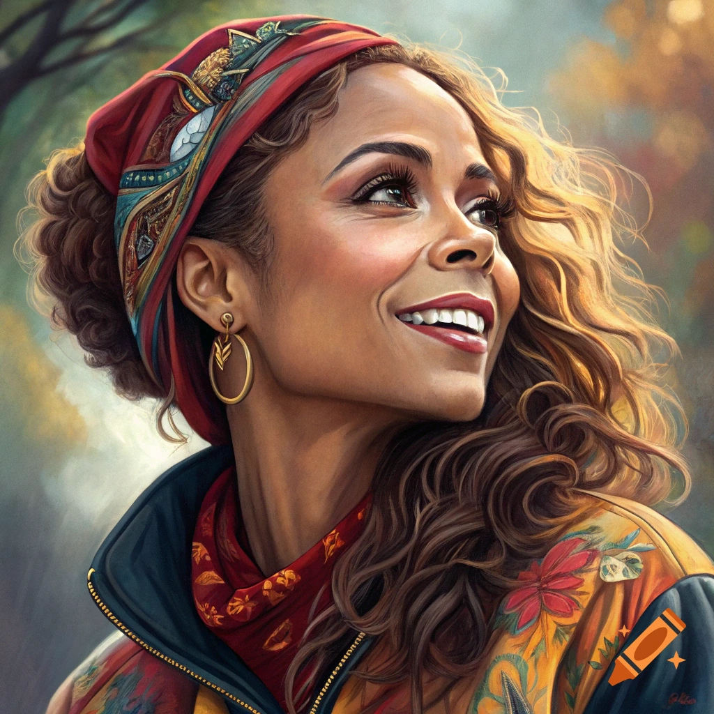 Painting of a smiling woman in a red headscarf and patterned jacket outdoors