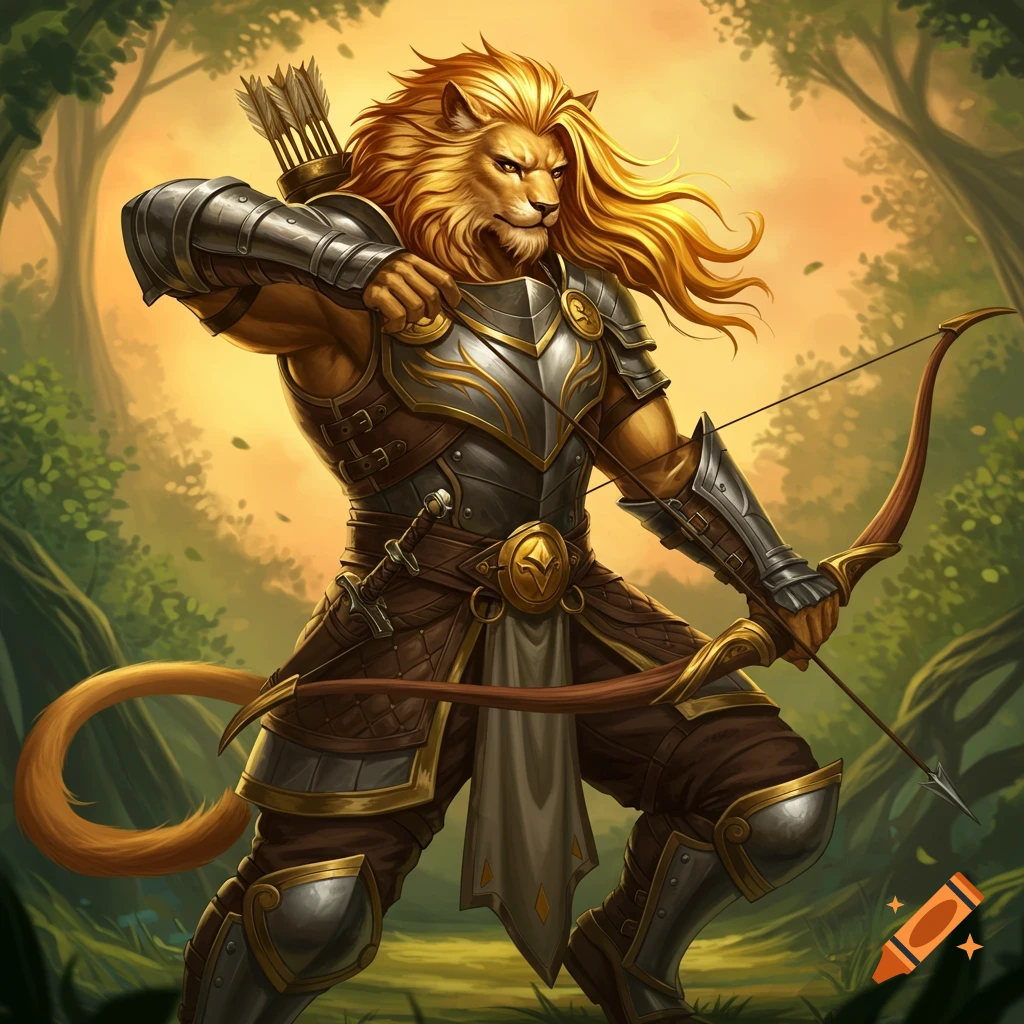 A leonin archer in half plate armor aiming a bow in a forest.