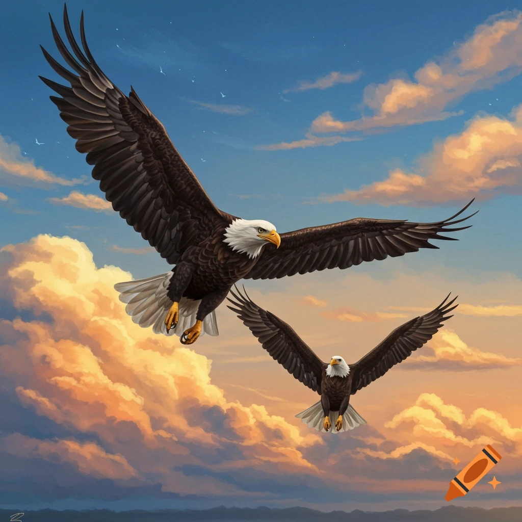 Two bald eagles flying in a vibrant cloudy sky.