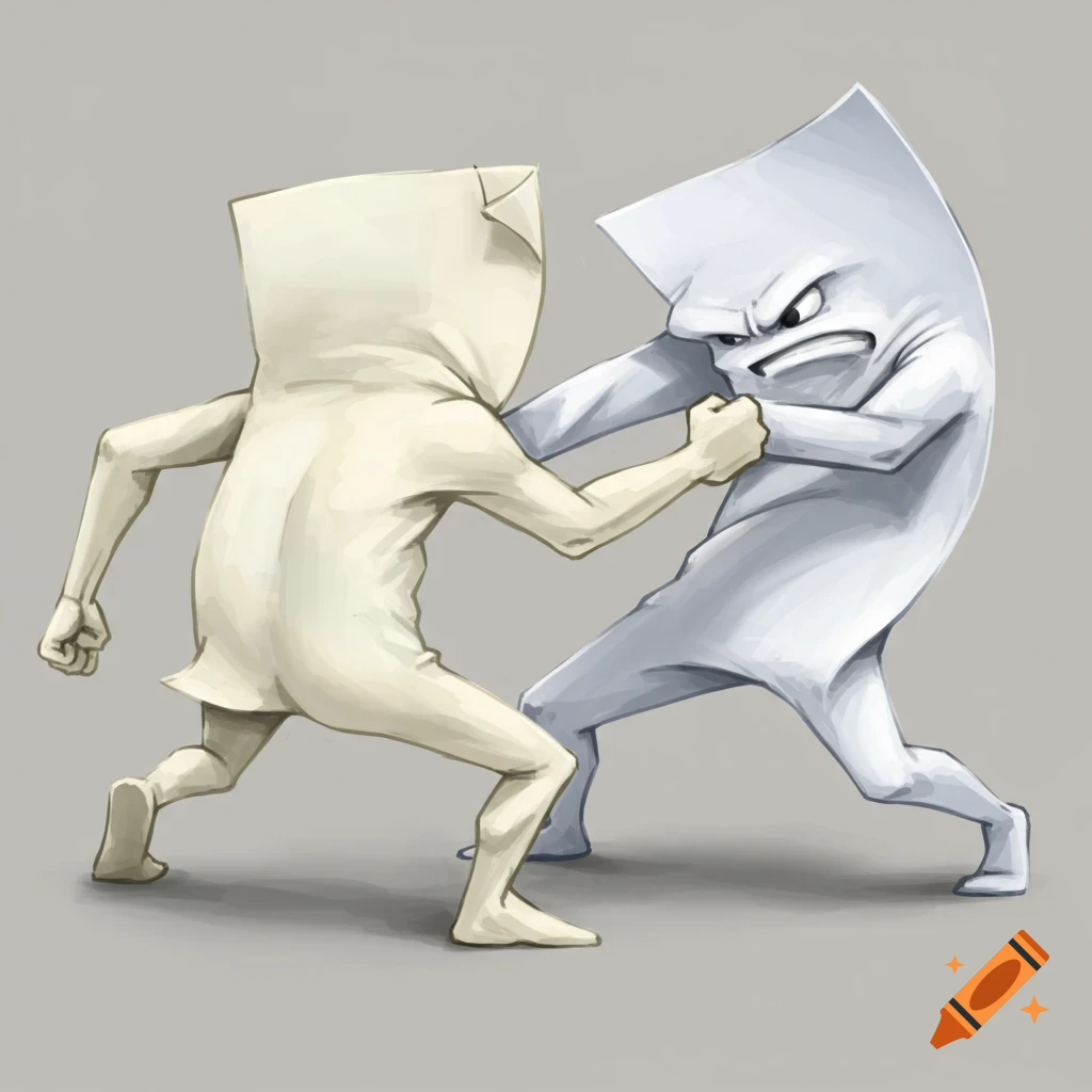 Two paper figures, one cream and one white, fighting each other.