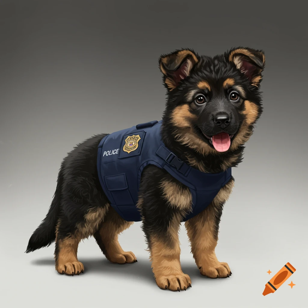 A cute German shepherd puppy wearing a police vest.