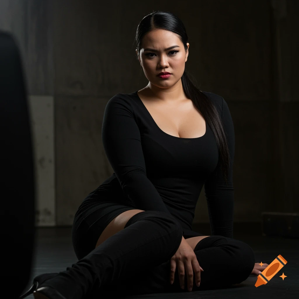 Woman in black dress and boots sits in a dim room with a stern expression.