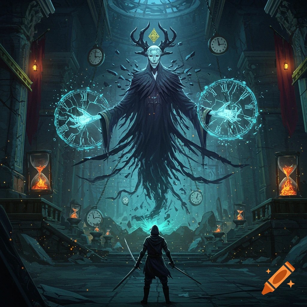 A warrior faces a ghostly time creature in a ruined dungeon filled with clocks and hourglasses.