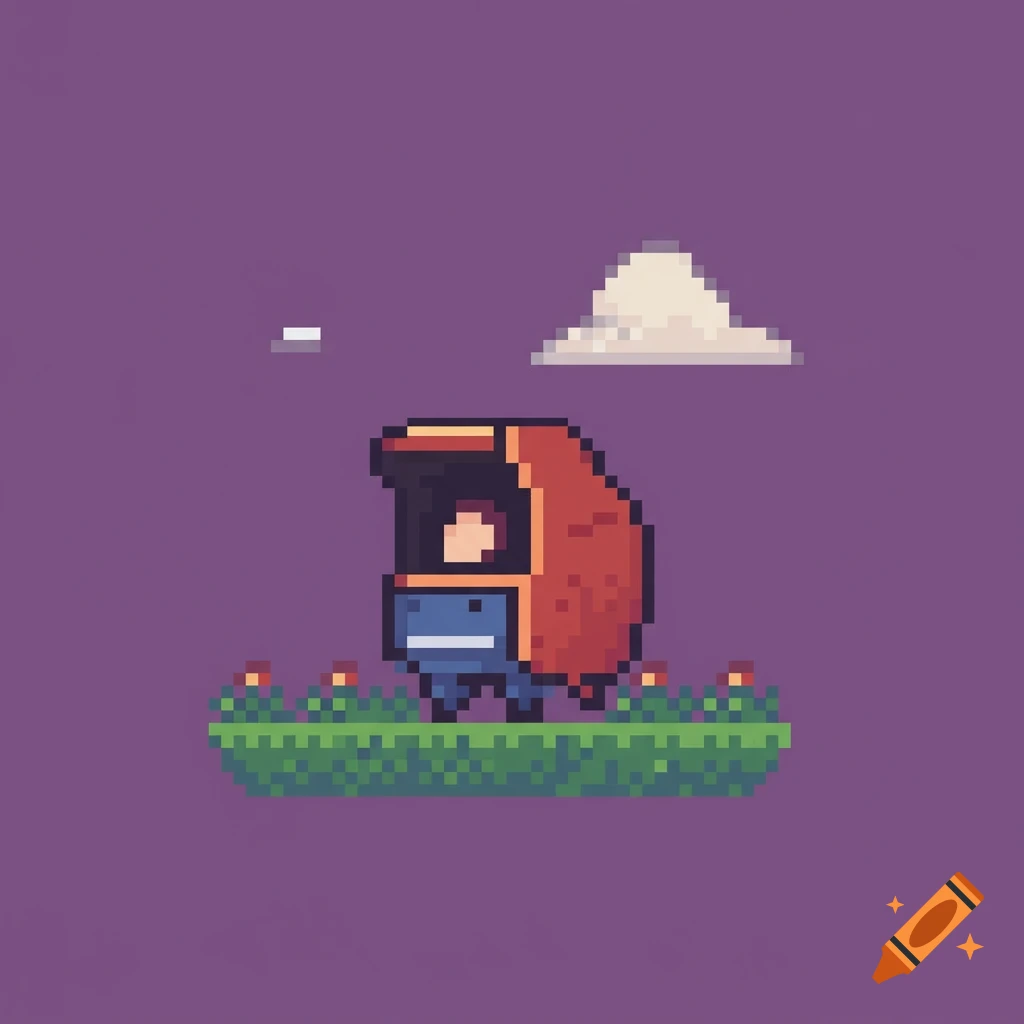Pixel art of a small creature in a red hood on a grassy island with flowers under a purple sky.