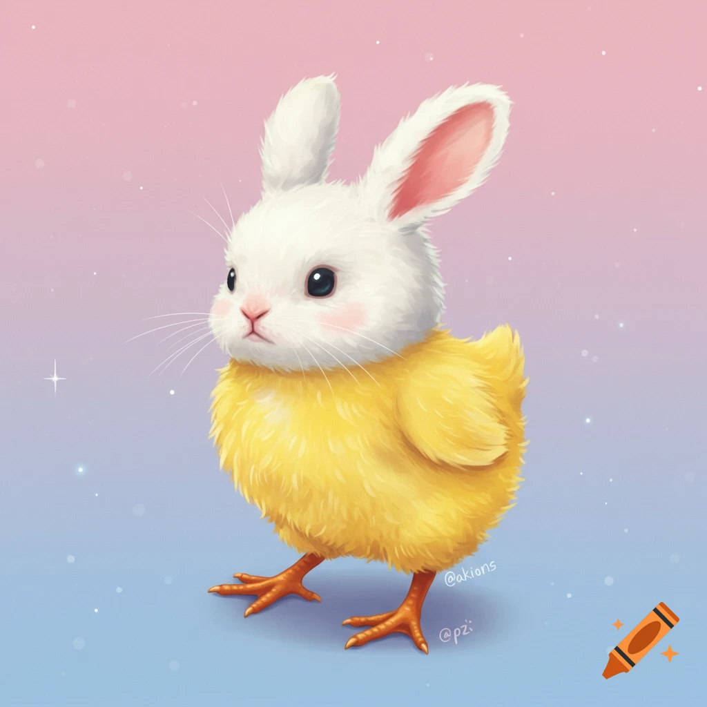 A creature with a white bunny head and yellow chick body.