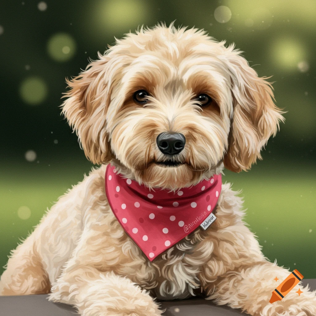 A fluffy Australian Labradoodle dog wearing a red and white polka dot bandana.